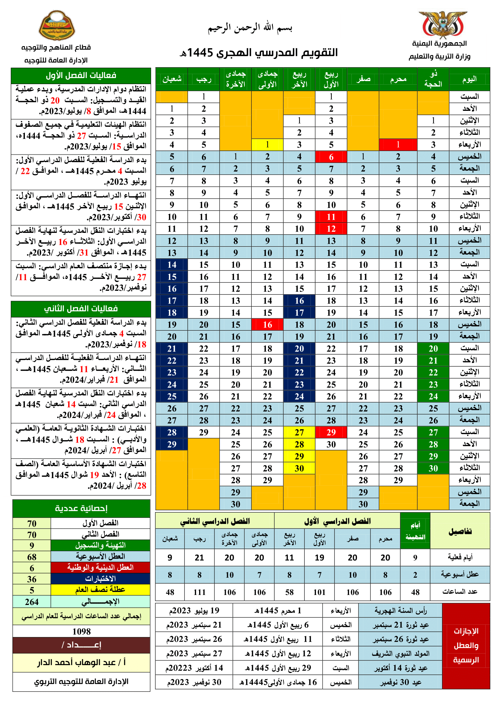 وزارة التربية والتعليم تعلن عن التقويم الدراسي للعام 1445هـ الموافق 2023 – 2024م